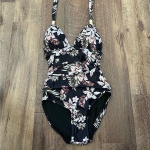 Small gorgeous swimsuit black with flowers and gold accent straps size Small